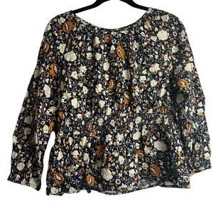 Universal Thread Navy and Orange Floral Print Long Sleeve Blouse - NWT - Small
